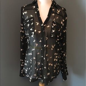 Express Sheer Black Portofino Blouse with Birds